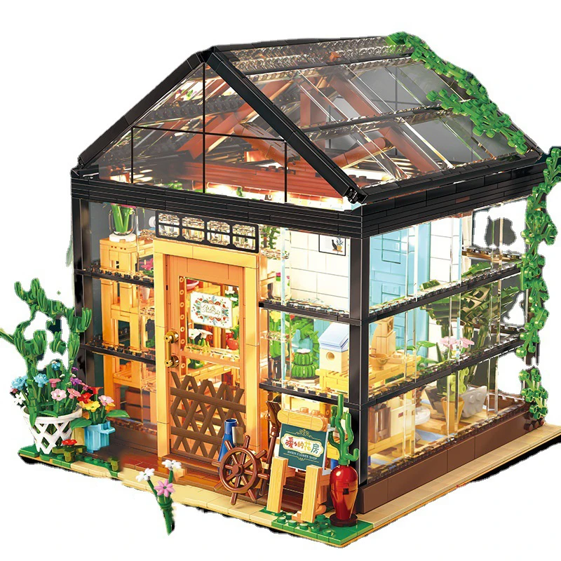 Sunroom Glass House Model Building Blocks Villa Flowers Light Highly Difficult Bricks Country Mushroom Architecture City Expert