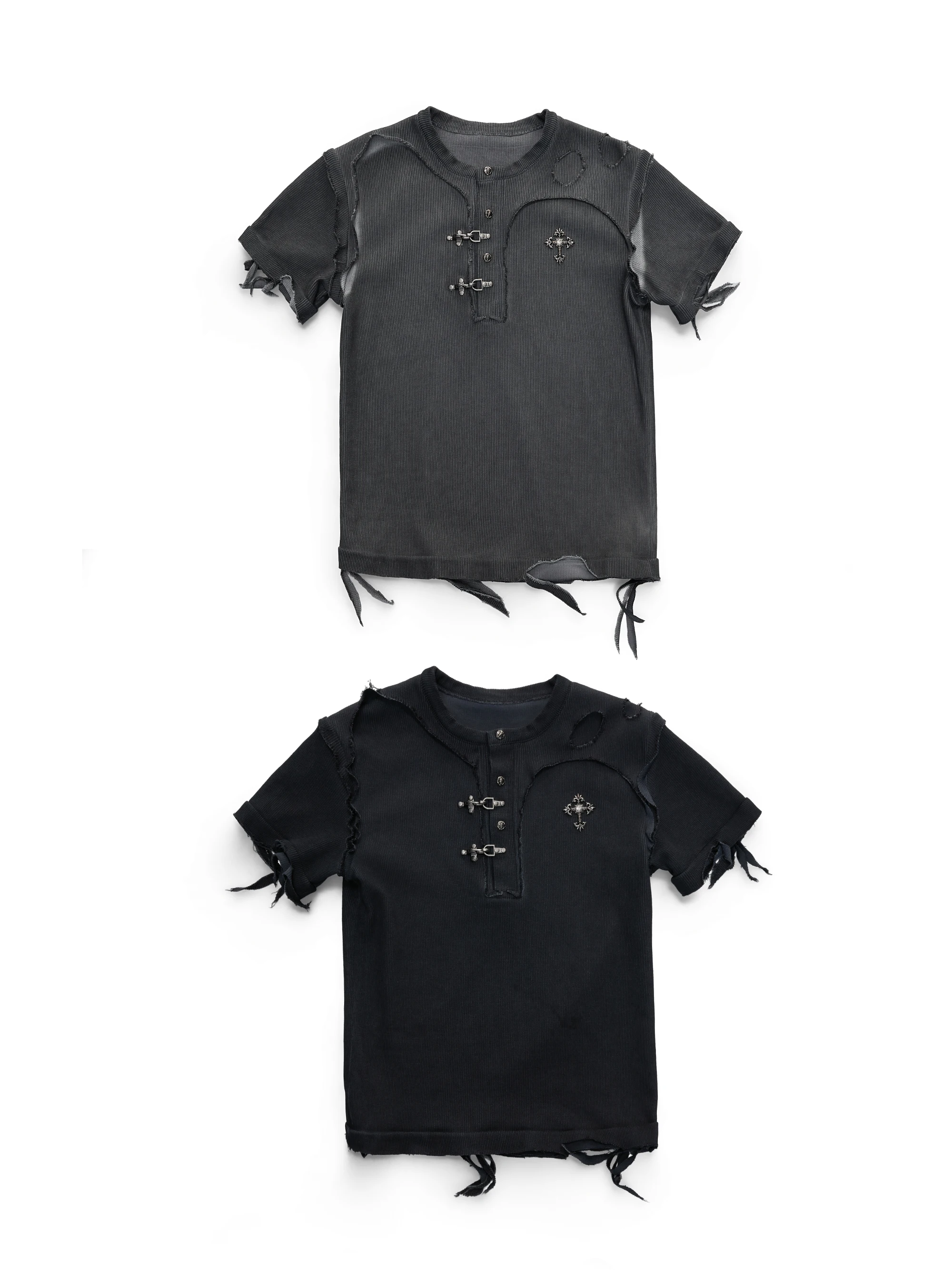Vintage Texture T-Shirt Short Sleeve Henry Collar Asymmetrical Destruction Hem Youth Fashion Cotton Gothic Style Top Shirt