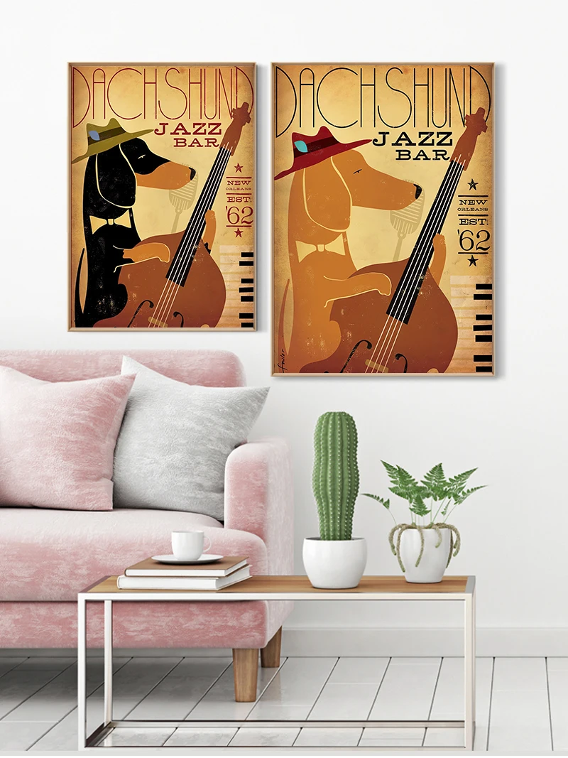 Wall Art Retro Music Dog Funny Animals Dachshund Jazz Bar Decor Wall Pictures for Living Room Home Decor Canvas Painting Cuadros