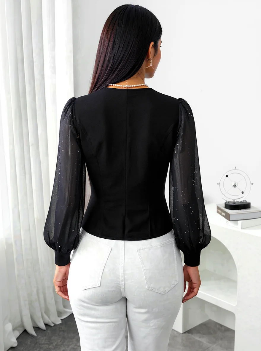 Damenbluse, schwarz, durchsichtig, langärmelig, V-Ausschnitt, für alle Jahreszeiten, geeignet für Büro und Alltag, figurbetont, einreihig, Weste-Oberteil, S-XXL. – Detail 6