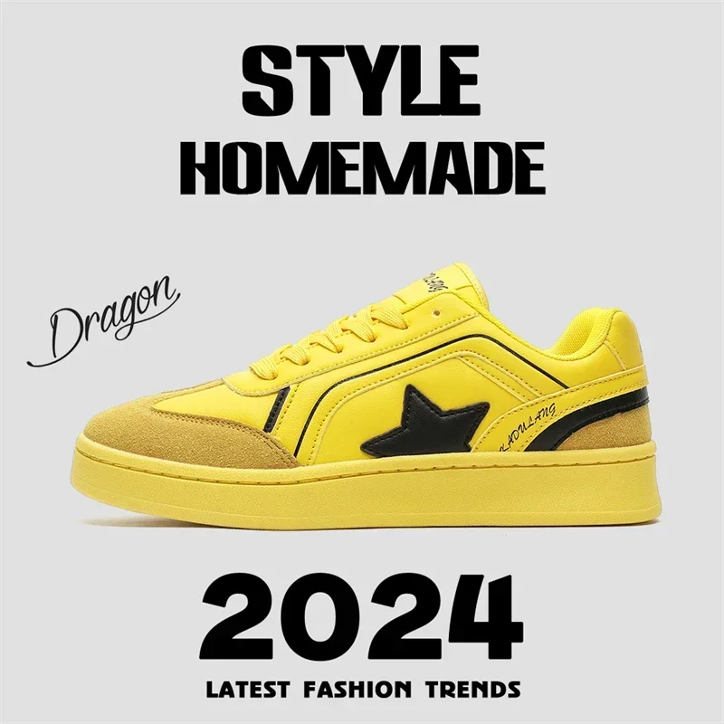 Yellow Split Leather Skateboarding Shoes for Men Cool Women Athletic Walking Fitness Trainers Comfortable Couple Running Shoes