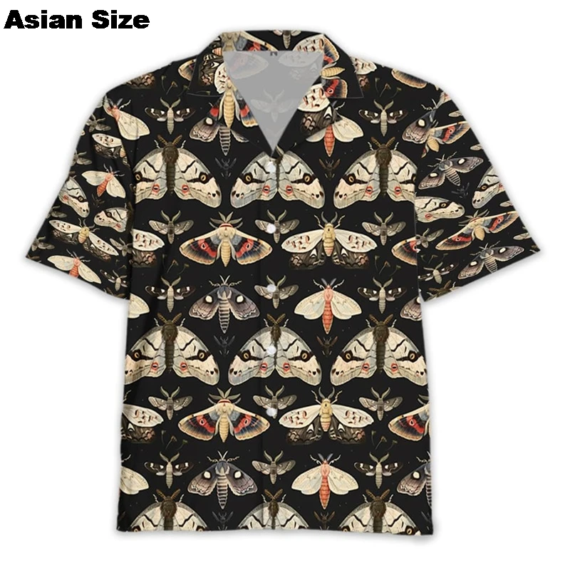 Vintage Moth Graphic Short Sleeve Shirts For Men Clothes Horror Beach Shirt 2025 Summer Lapel Blouse Harajuku Fashion Blouses