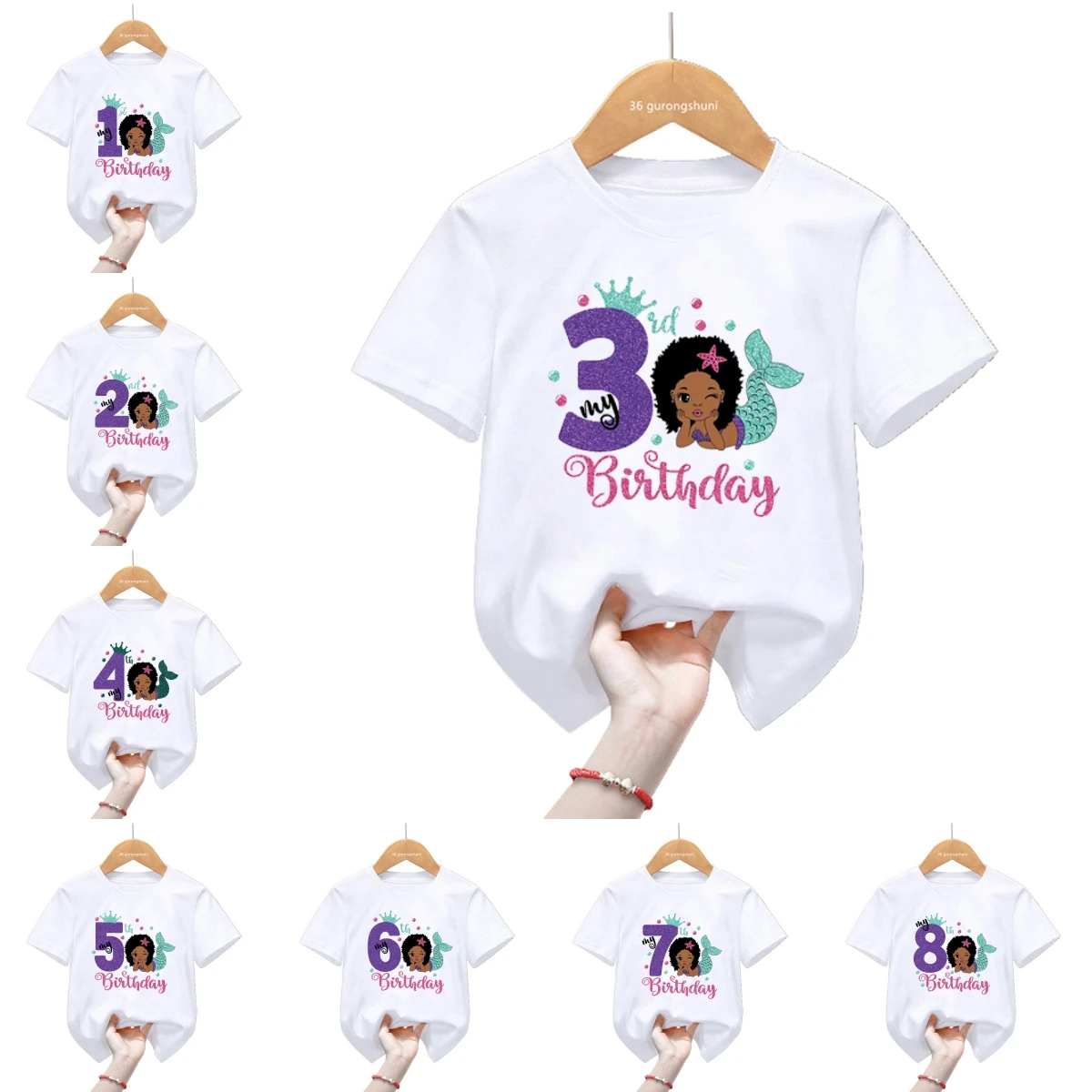 

Mermaid My 1-9th Birthday T-Shirt African Black Girls Melanin T Shirt Birthday Gift Kids Clothes Short Sleeve Top Name Custom