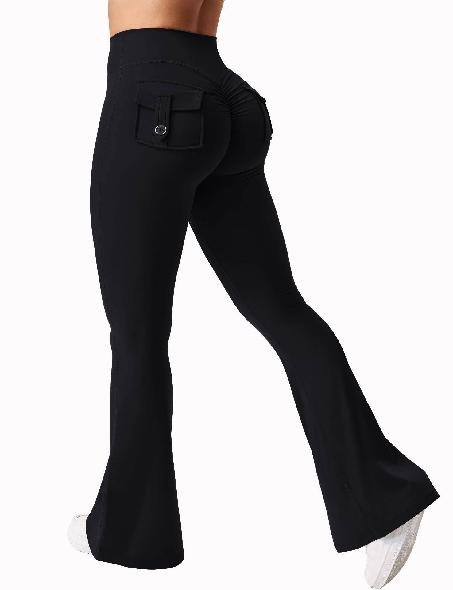 New women's casual flared yoga pants, training flared pants, high waisted work clothes, belt pocket sportswear