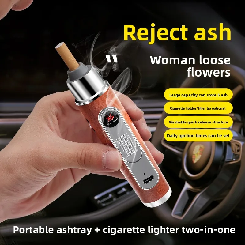 HOT Handheld Mini Ashtrays USB Lighter Anti Soot-flying Portable Car Ashtray Wood For Working Driving Soot Holder Gifts For Men