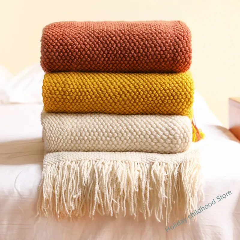 Textile City Home Decorative Thickened Knitted Blanket Corn Grain Waffle Embossed Winter Warm Tassels Throw Bedspread 130x240cm