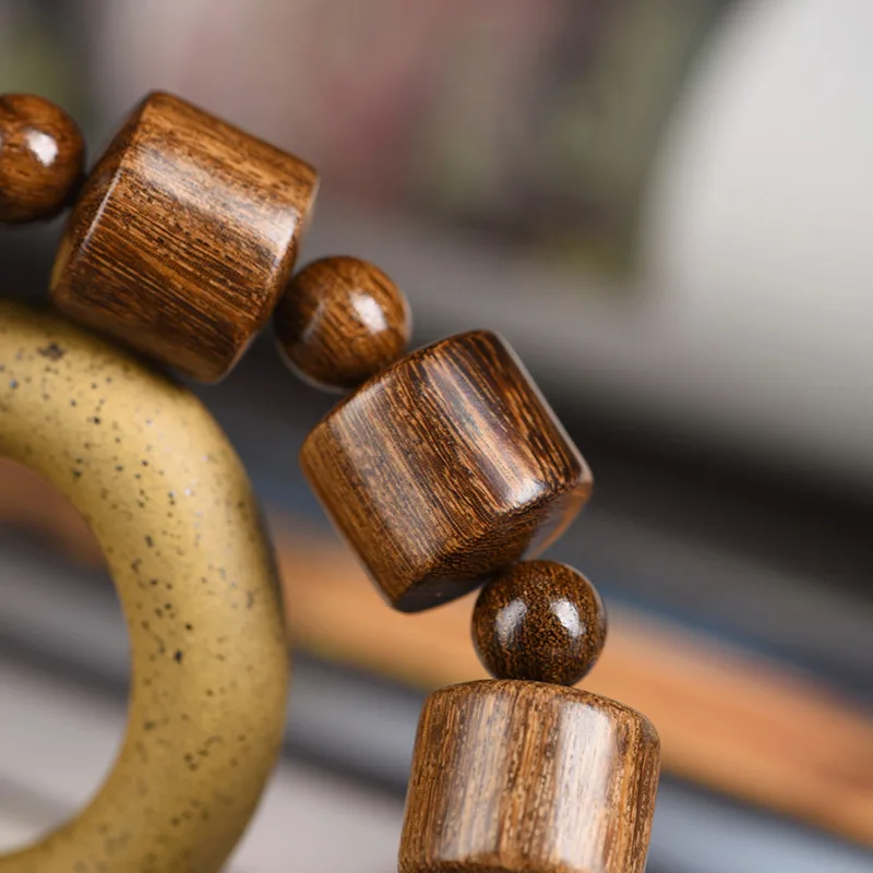 Golden Sandalwood Barrel Bead Bracelet, DIY Old Wood Beads, Traditional Buddhist Beads, Chinese Style Men's Jewelry, Prayer Bead