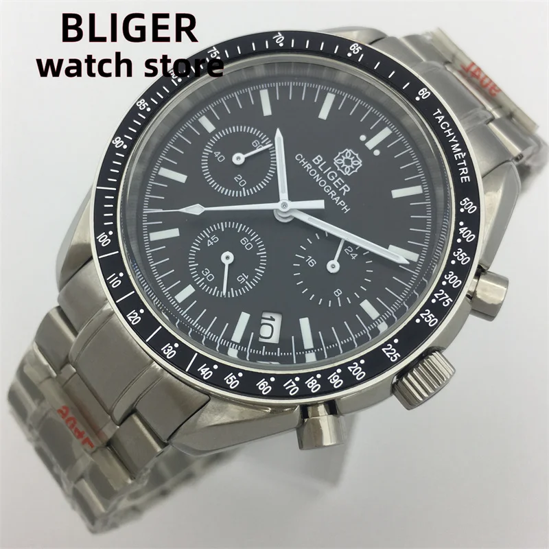 BLIGER Moda 40mm cronógrafo de quartzo Negócios Sapphire Cristal Relógio Masculino VK63 Movimento Data pulseira de aço mostrador luminoso