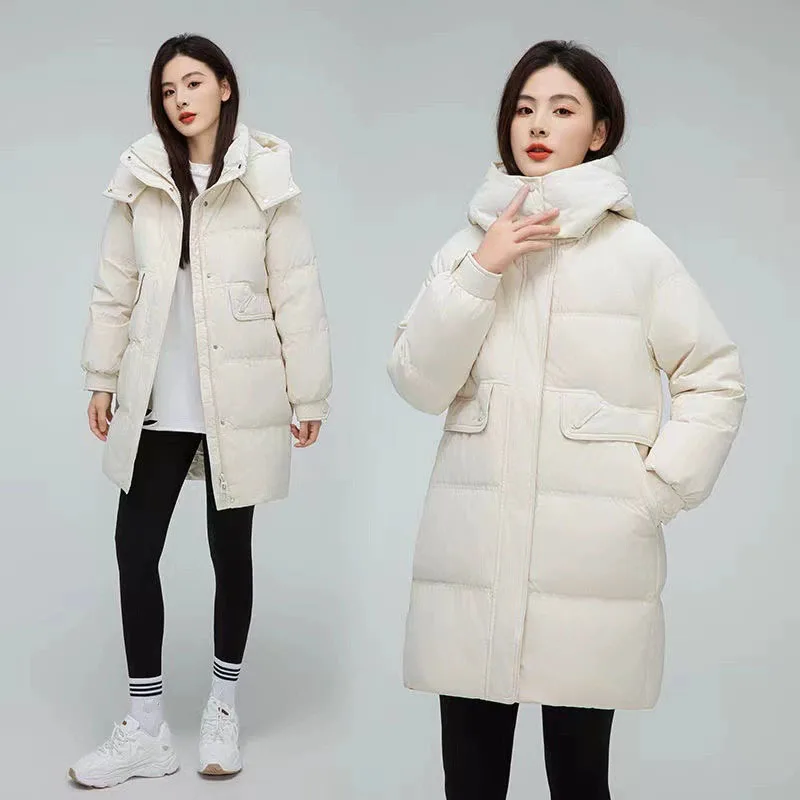 

2025 новые модные свободные парки средней длины для женщин, корейский стиль, утолщенная пуховая хлопковая куртка, женская зимняя теплая верхняя одежда с капюшоном