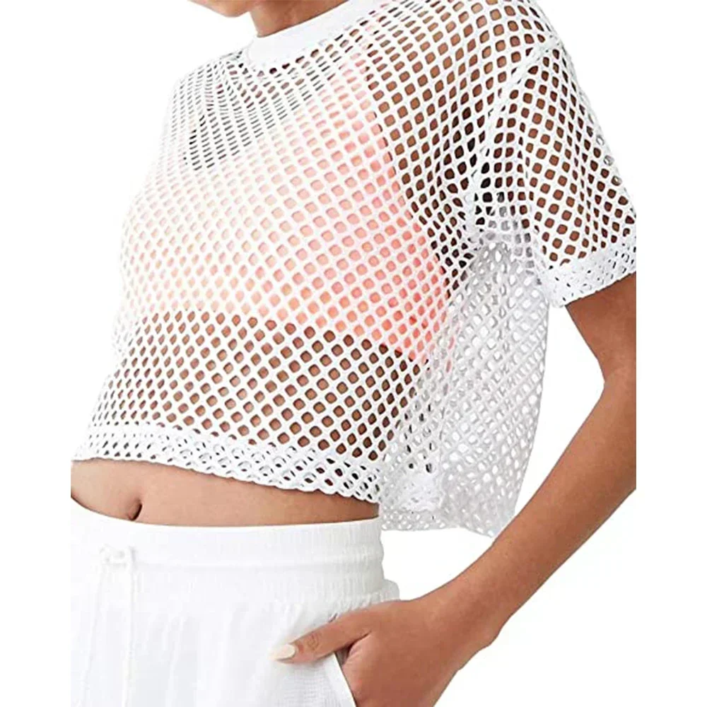 Fashion Lady Fishnet Transparent Crop Tops T-shirt For Women Summer Short Sleeve O Neck Solid T Shirt Tees Female Clothing