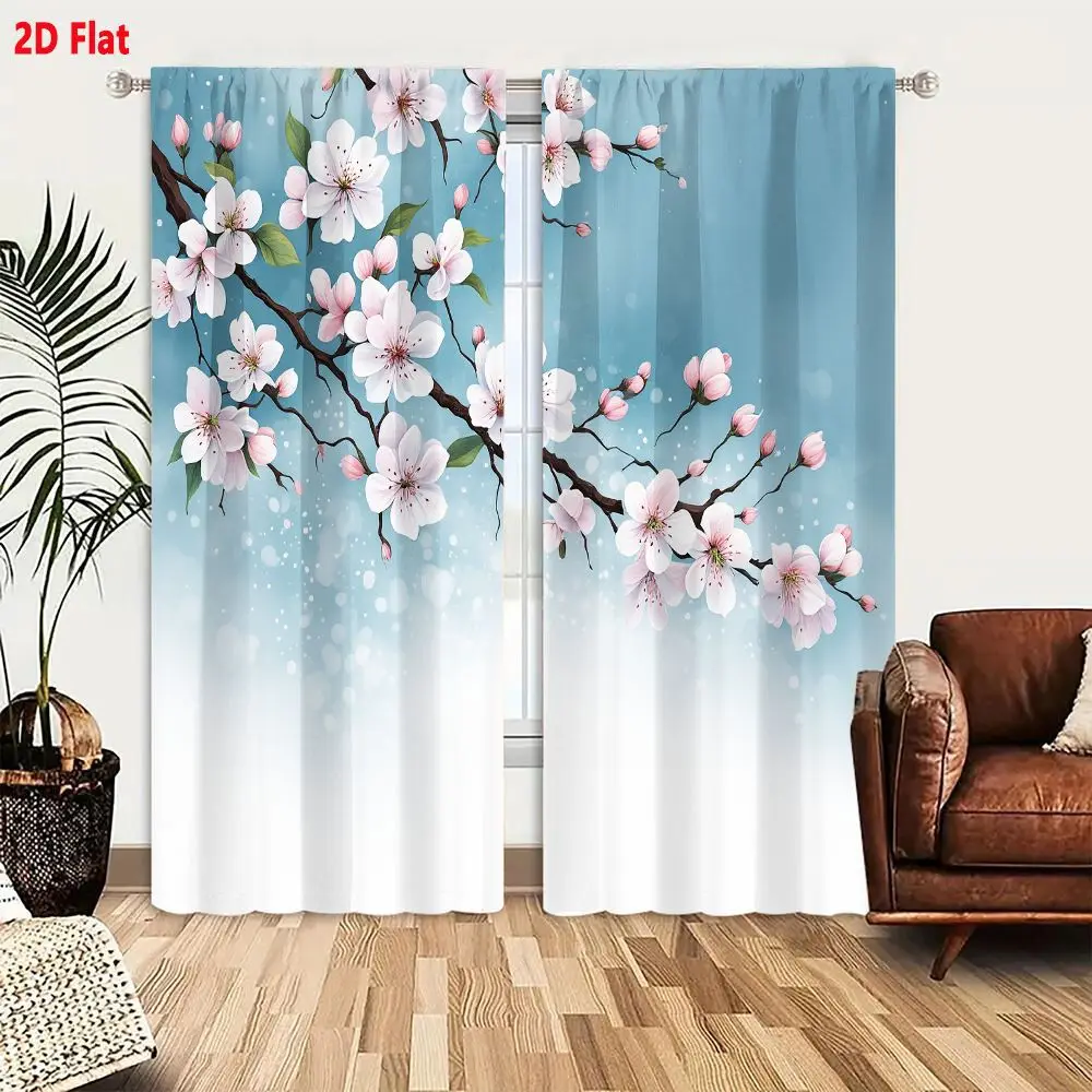 2Pcs Curtains 2D Flat Delicate Artistic Illustration Of Blooming Cherry Blossoms Branch Against Soft Gradient Background Window