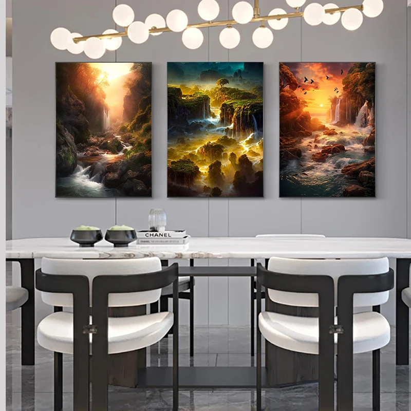 Natural Landscape Spectacular Waterfall Canvas Painting Green Tree Forest Posters Wall Art Prints Home Decor Frameless Paintings