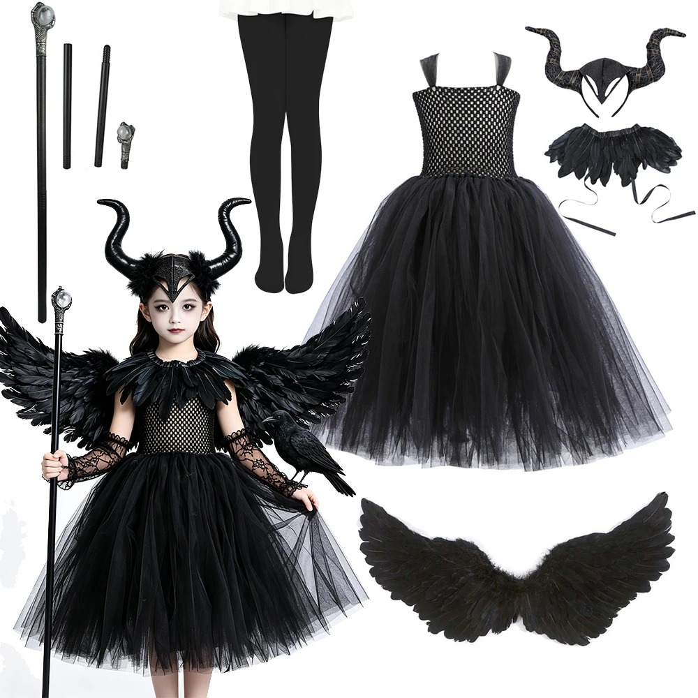 Kids Role Play Dress Girls Dark Angel Cosplay Tulle Dress with Horn Wings Gothic Halloween Fancy Costume for Party Dress Up