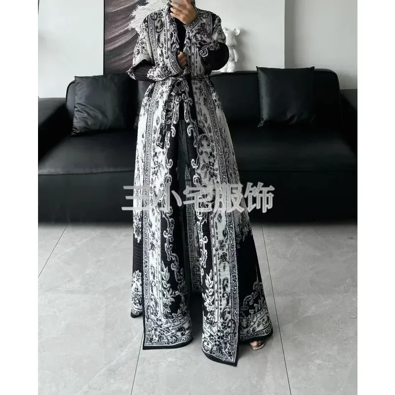 pleats Clashing Printed Long Trench Coat Jacket Fashion Autumn Versatile Loose Muslim Abaya Pleated High Stretch Cardigan Top