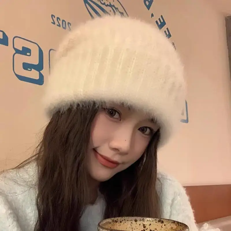Women's Faux Rabbit Fur Knitted Beanie Winter Warm Thick Soft Plush Slouchy Cap for Cold Weather Travel