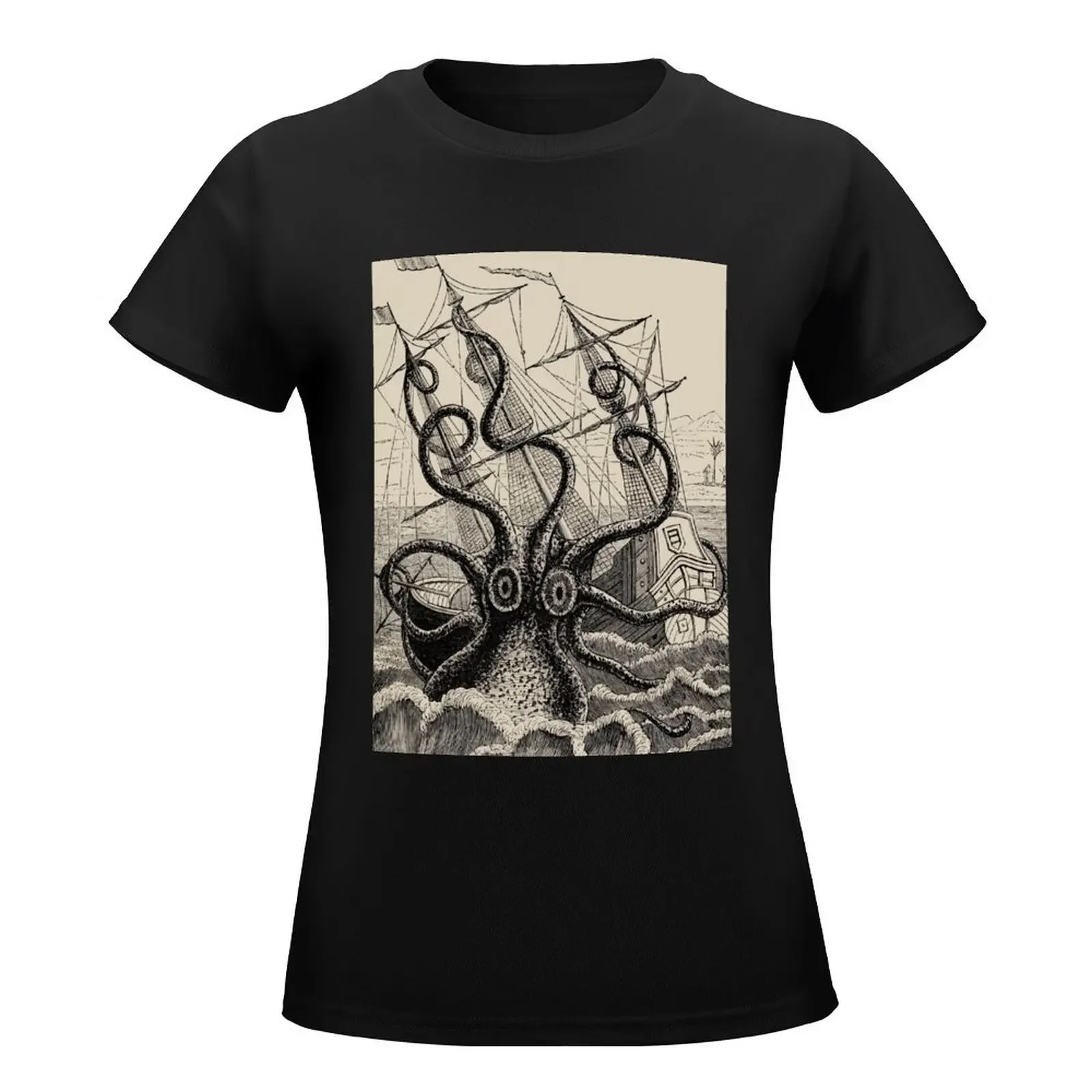 Vintage Kraken attacking ship illustration T-Shirt aesthetic clothes Blouse t-shirt dress for Women sexy