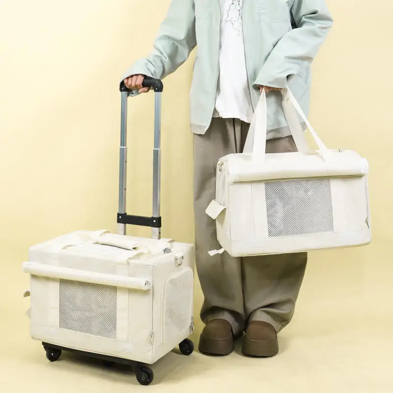 Large Capacity Double-Decker Pet Trolley Case Spring Summer Breathable Dog Cat Backpack Push-Pull Cat Handbag with Bus Design