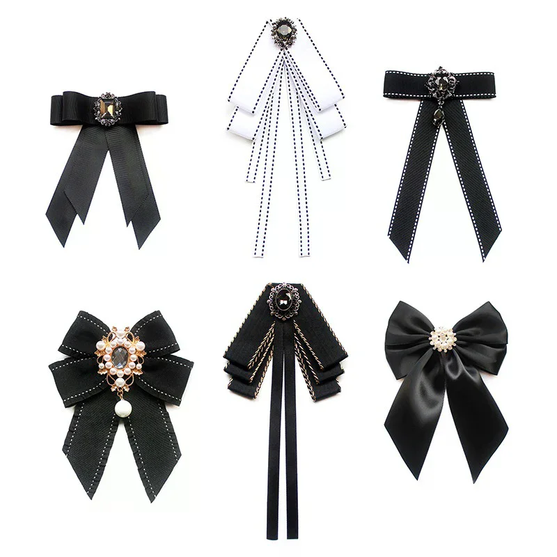Korean Women's Bow Tie Brooch Black Rhinestone Pearl Shirt Collar Pins Fashion Bowknot Bowtie Ribbon Wedding Party Necktie