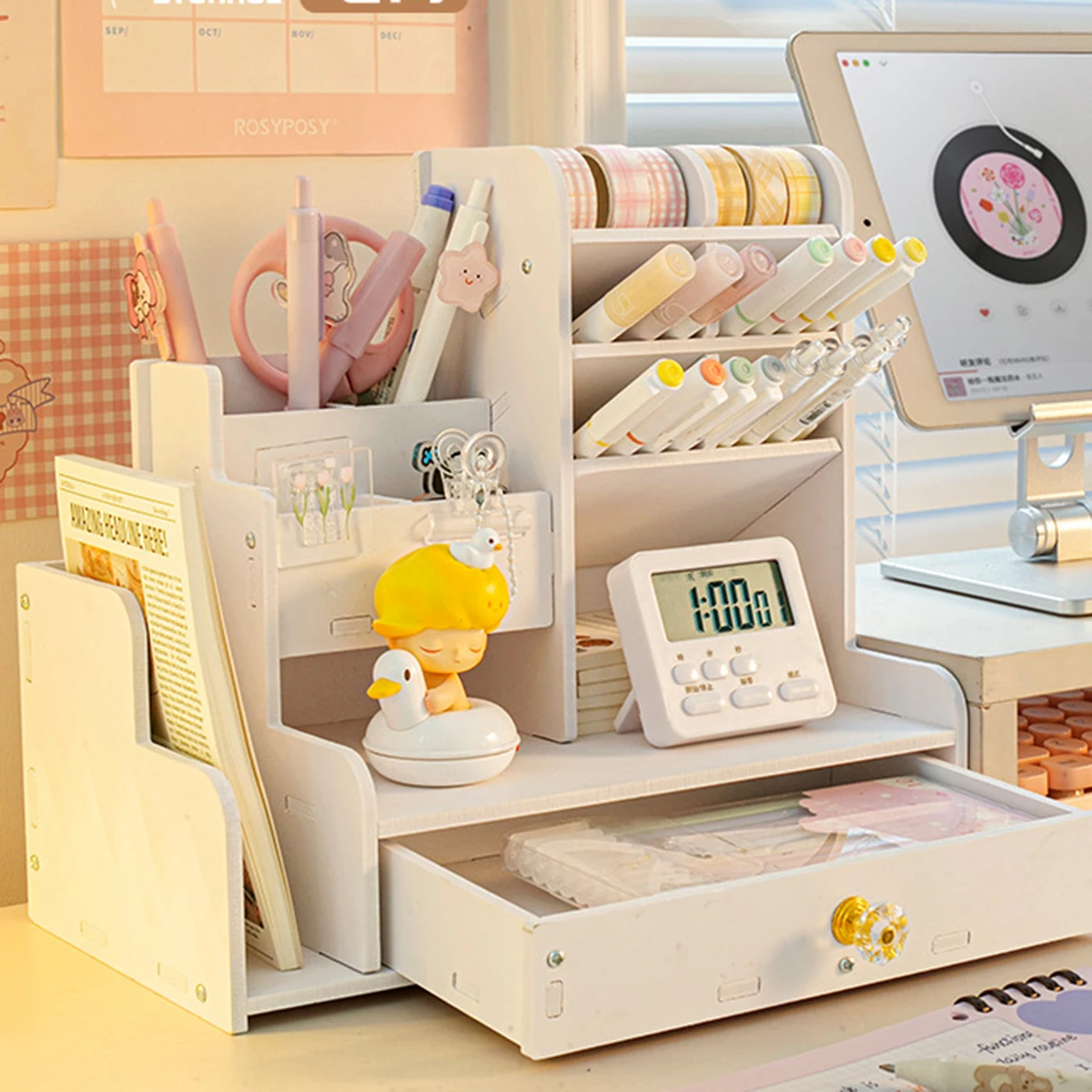 White Desk Organizer with Drawer & Multi-Compartment, Stationery & File Storage for Students