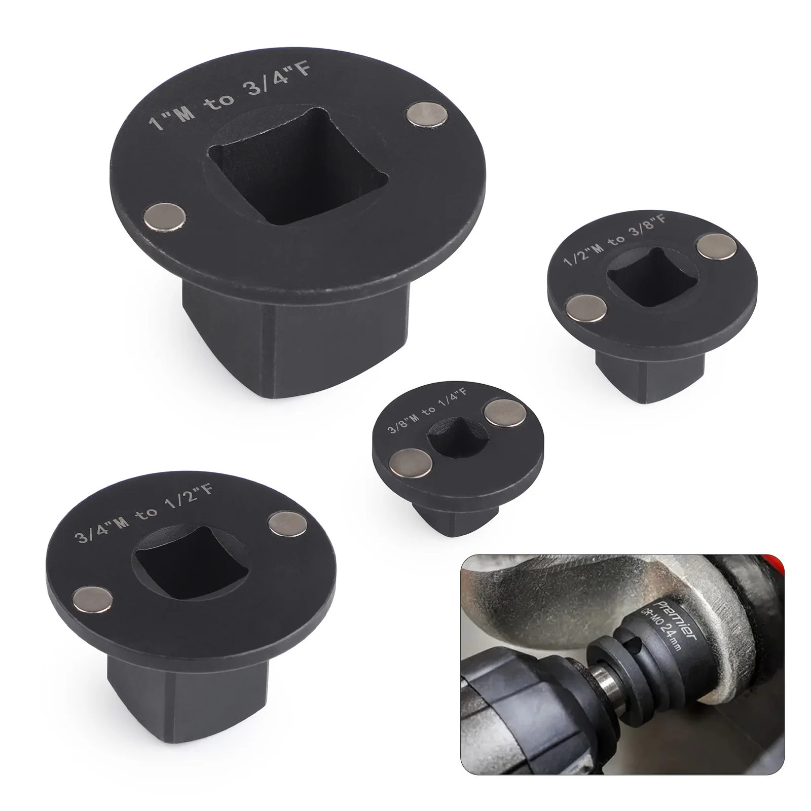 مجموعة محول سقاطة محرك أسود Cnsport 1/4 بوصة إلى 3/8 بوصة، 3/8 بوصة إلى 1/2 بوصة، 1/2 بوصة إلى 3/4 بوصة، 3/4 بوصة إلى 1 بوصة مجموعة محول مقبس منخفض المستوى