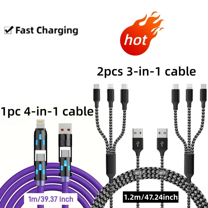 

240 Вт 1 шт. 4-в-1 PD 5A кабель для быстрой зарядки и 2 шт. 3-в-1 нейлоновый плетеный кабель для быстрого зарядного устройства для Iphone, Android