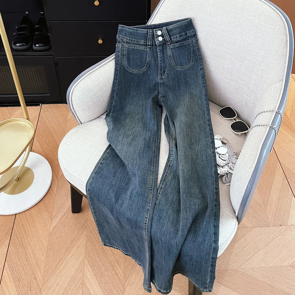Women Jeans Solid Straight Pants Full Length Denim Trousers Zipper Fly Loose Fit Pockets High Waist Spring Washed Distressed