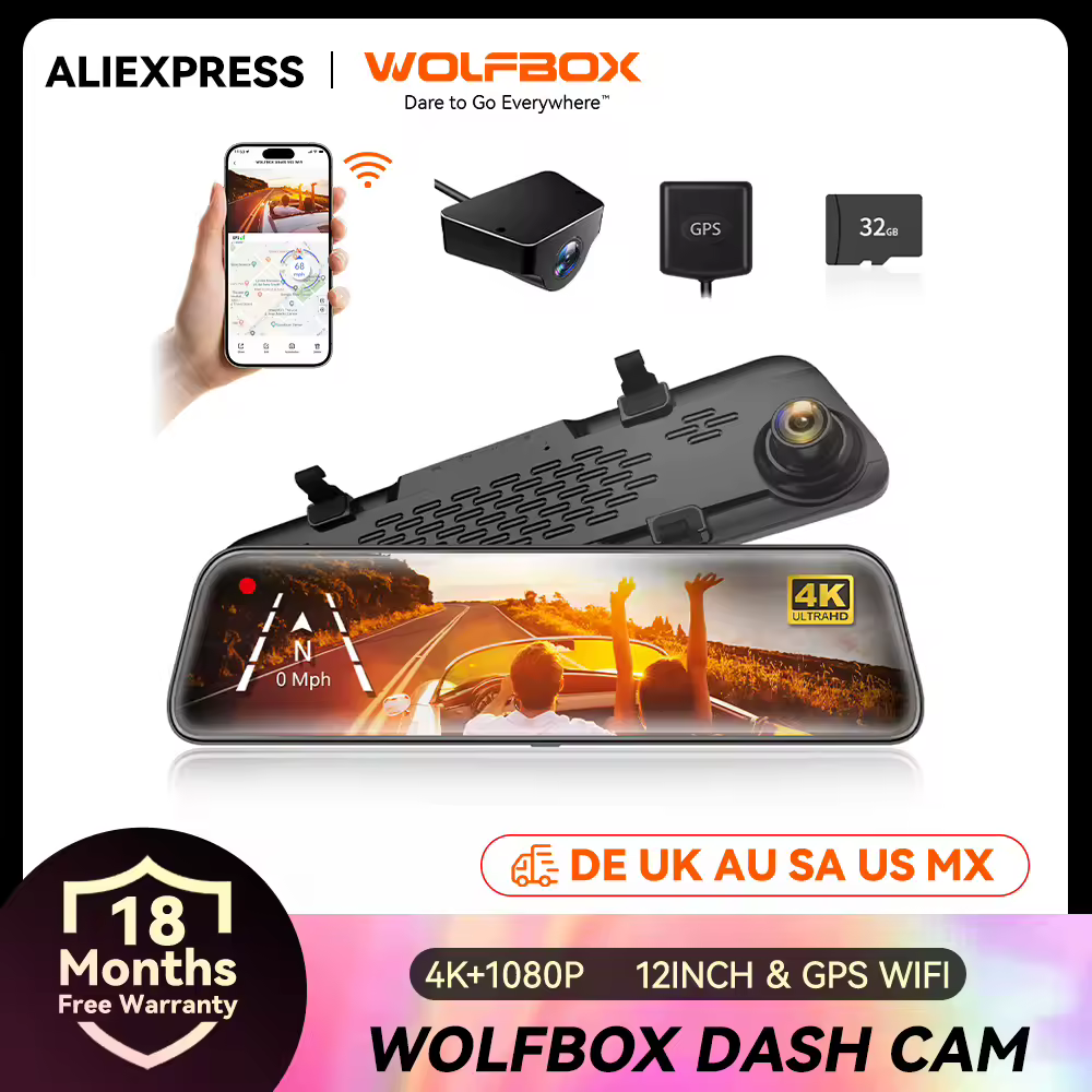 WOLFBOX-Caméra de Tableau de Bord G840S IPS de 12 Pouces, 4K, avec Rétroviseur, Enregistreur Vidéo GPS, Vision Nocturne, HD, pour Touristes, Moniteur de Stationnement