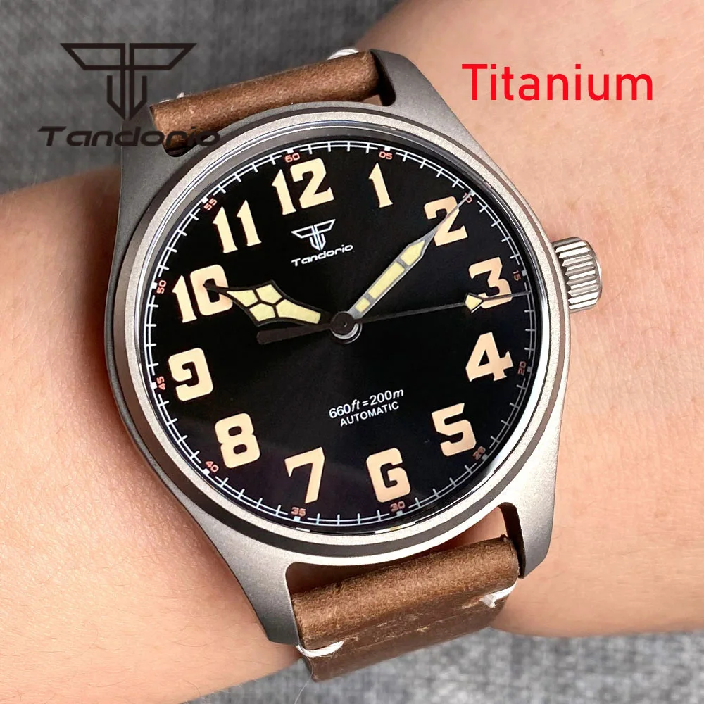 Tandorio Titanium Case Sapphire Glass Light Weight 39mm Pilot 200m Automatic Dive Watch for Men Screw Crown Leather Luminous