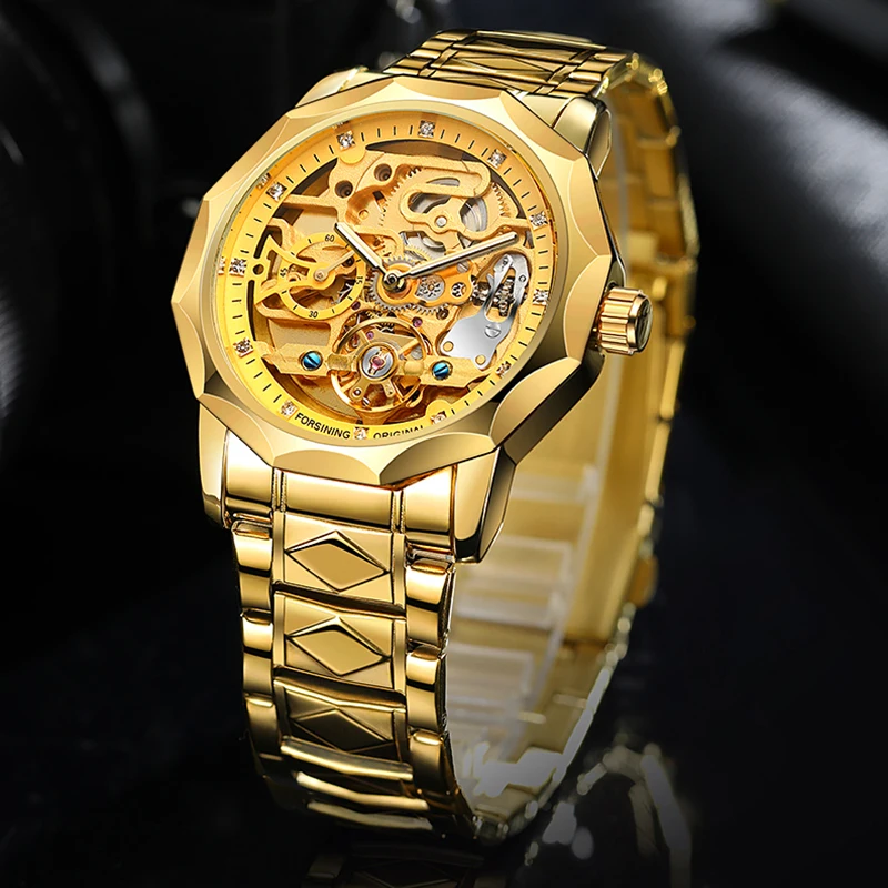 

Forsining Classic Mechanical Watches Luxury 3D Diamond Skeleton Automatic Mens Watch Stainless Steel Strap Wristwatch Male Clock