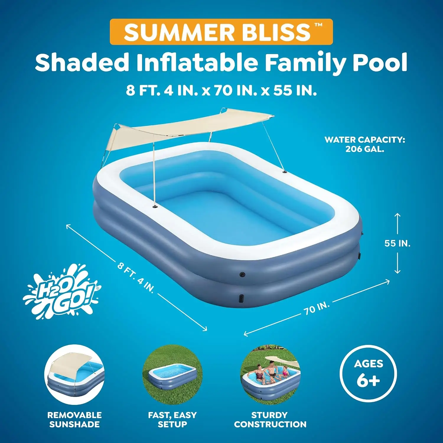 8 Foot 4 Inch x 70 Inch Summer Bliss Shaded Inflatable Family Pool for Kids Ages 6 Above, Custom