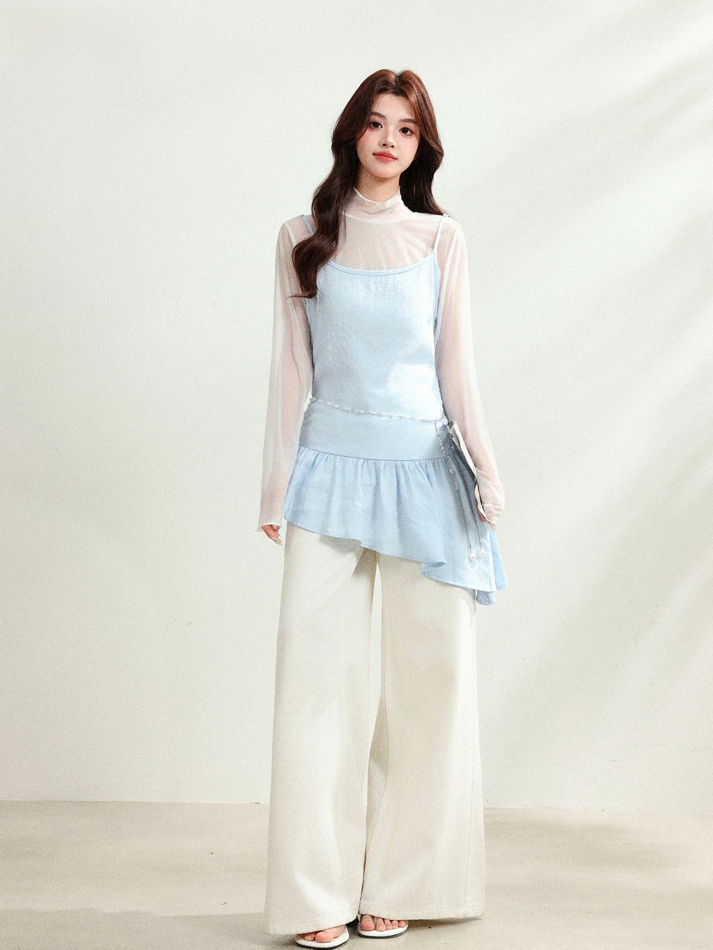 Blue Slim Fit U-Neck Strap Vest Women's Summer Design Sense Bell Sleeve Top Fashionable Versatile Style Modal Polyester Blend