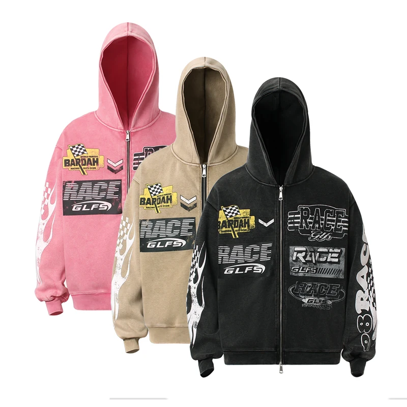 

GLFS Hip Hop Style Hoodie Racing Slogan Element Zipper Cardigan Water Washing Coat Men Women Couple Casual Streetwear