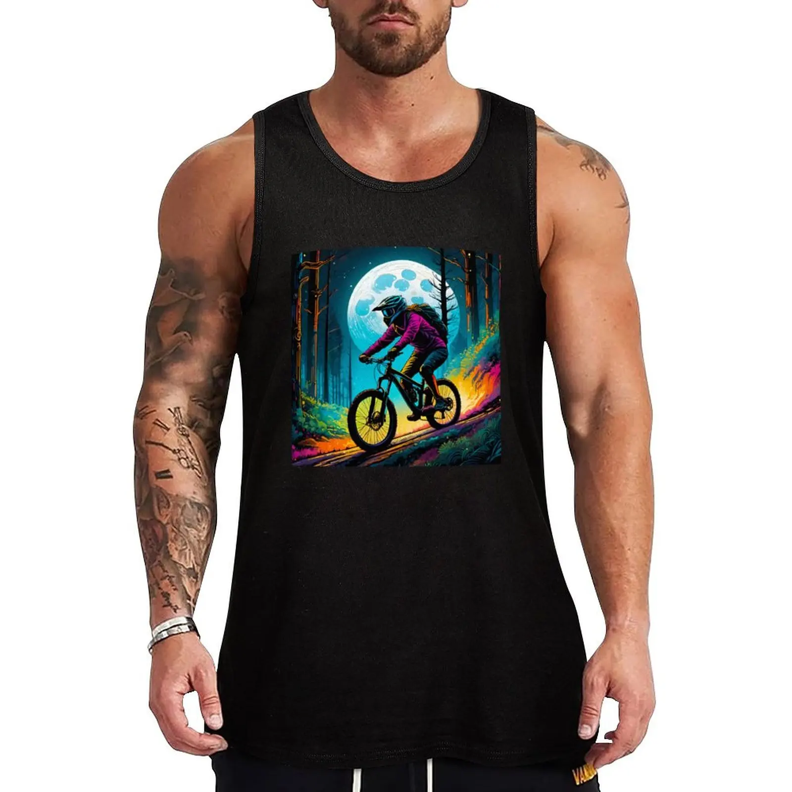 MTB Rider Navigating Moonlit Trails Tank Top Soft Cotton Tank Top Regular Fit Basic Undershirt