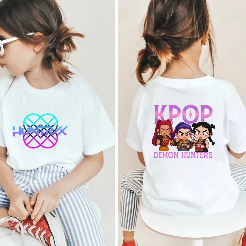 Crianças camiseta kpop demônio caçador caçadorx gráfico topos harajuku coreano meninos meninas streetwear manga curta camisetas crianças roupas