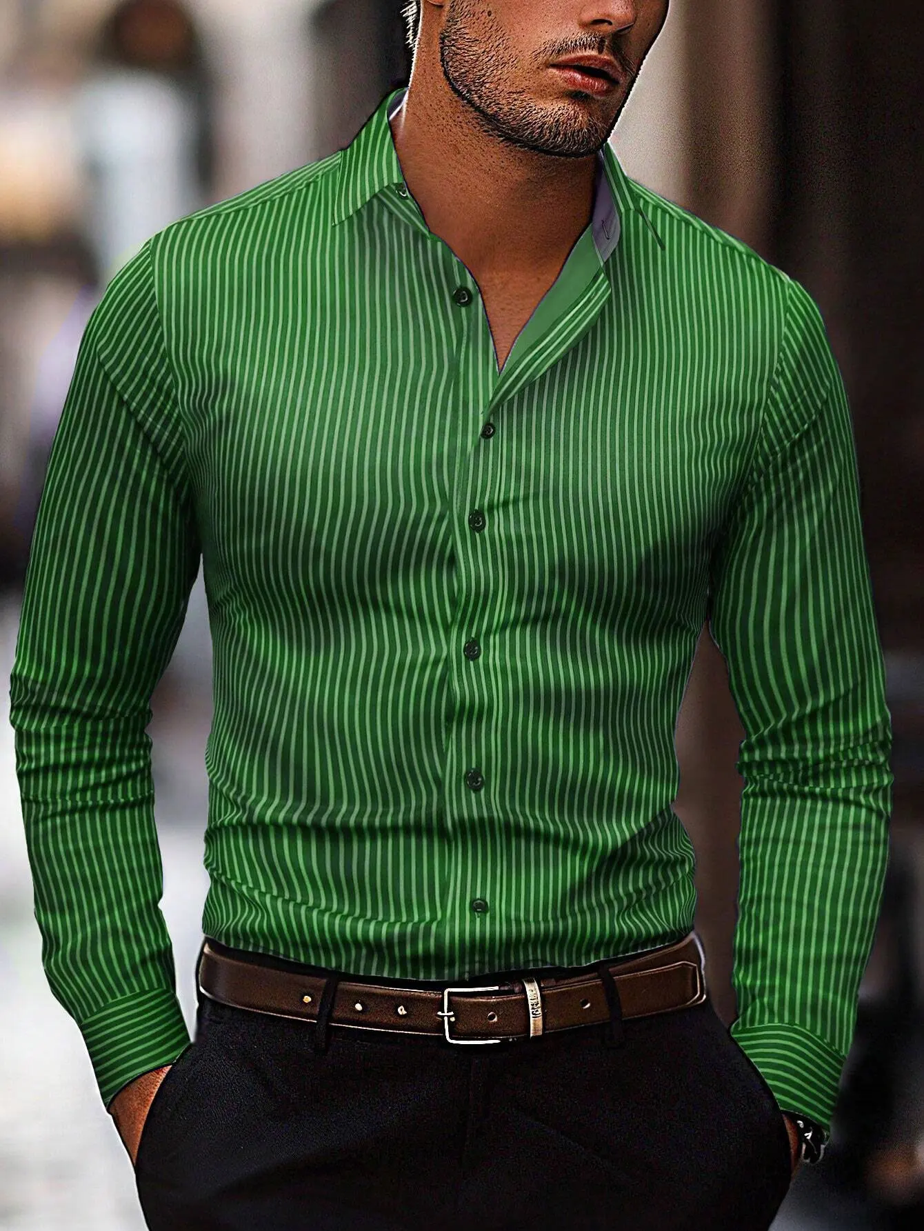 Men\'s fashion striped pattern shirt, casual breathable lapel button long -sleeved shirt comfortable and soft fabric shirt