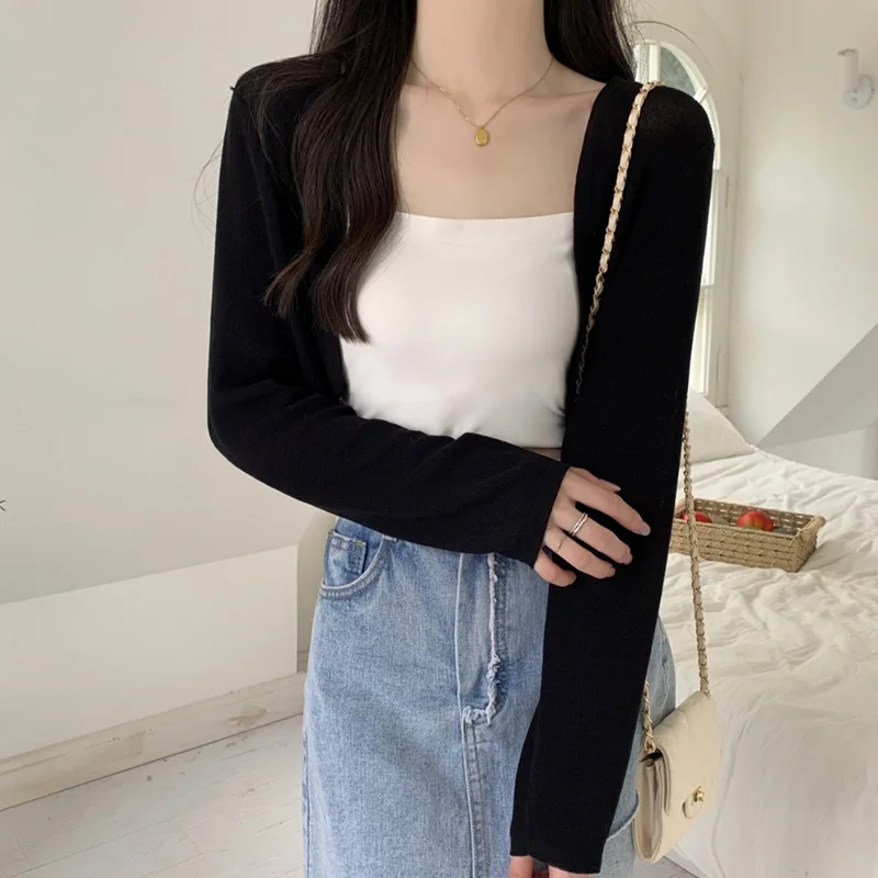 Thin Sun Protection Cardigan Tops Summer Women\'s Knitted Long Sleeves Korean Version Air-conditioned TShirt Solid Color Shawl