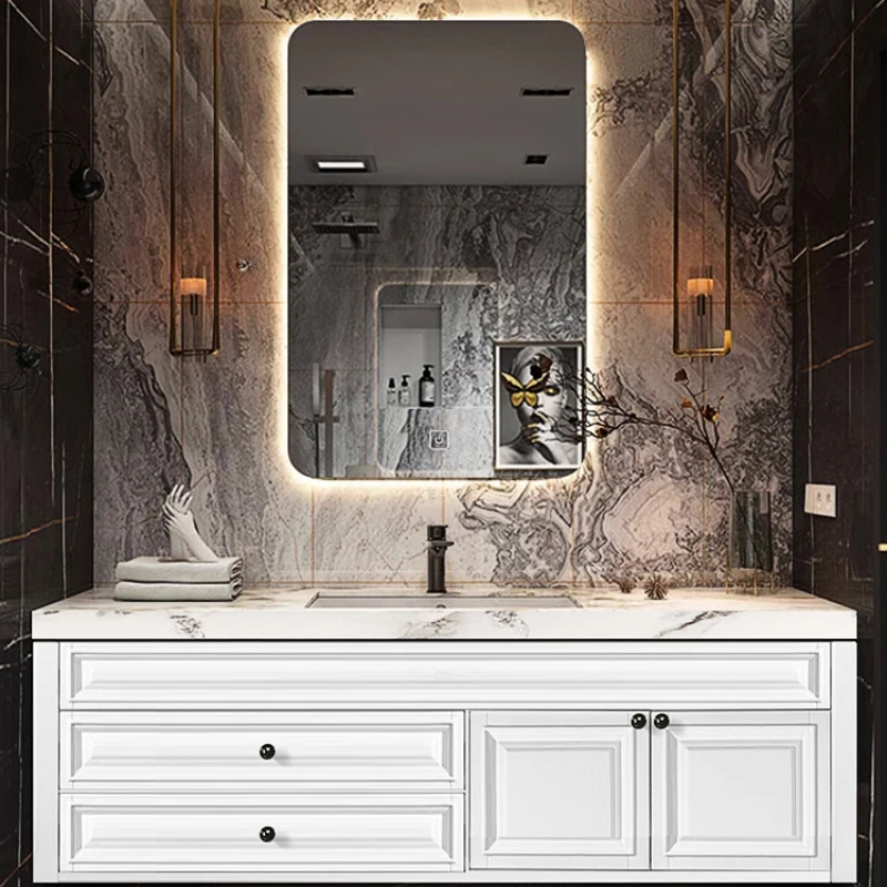 

Bathroom cabinet combination rock slab ceramic seamless integrated basin French bathroom solid wood washstand