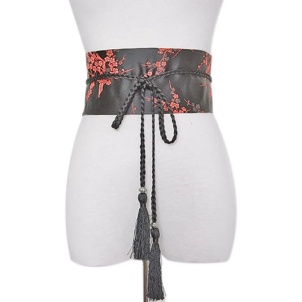 Corsé ancho para mujer, cinturón, pajarita envolvente alrededor de flores de melocotón, bordado de seda para vestido de talla grande