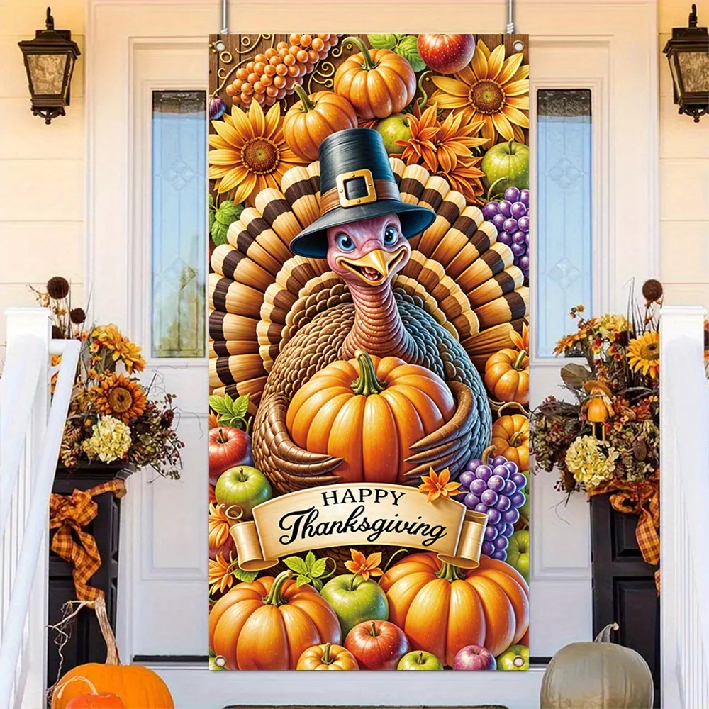 Door Banner Thanksgiving Door Cover Banner Turkey & Pumpkin Harvest Design Fall Autumn Holiday Home Party Entrance Wall Decor