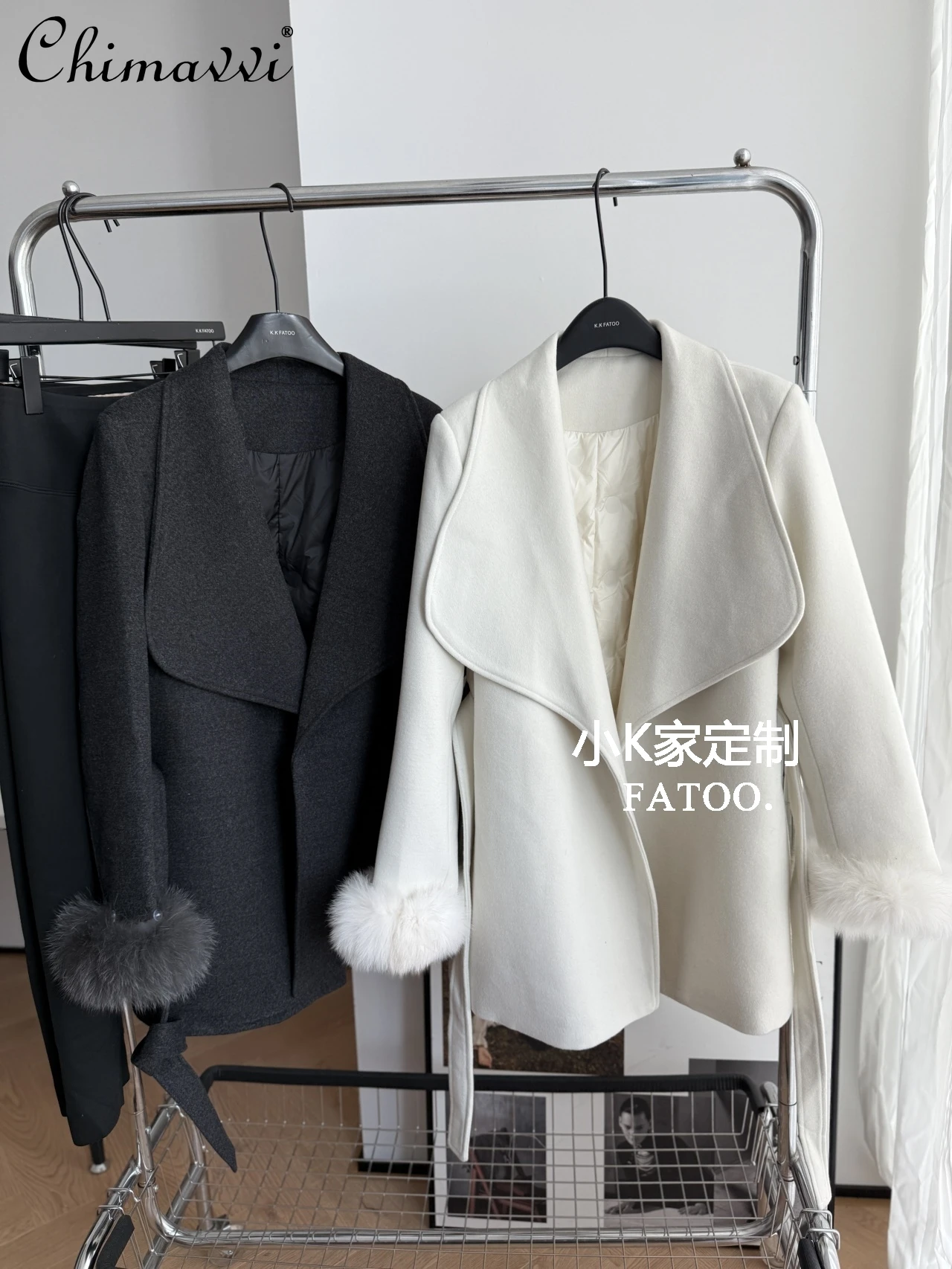 

Fashion Long Sleeve Large Lapel Wool Coat for Women 2025 Winter Clothes New High-end Fox Fur Cuff Mid-length Belted Down Jacket