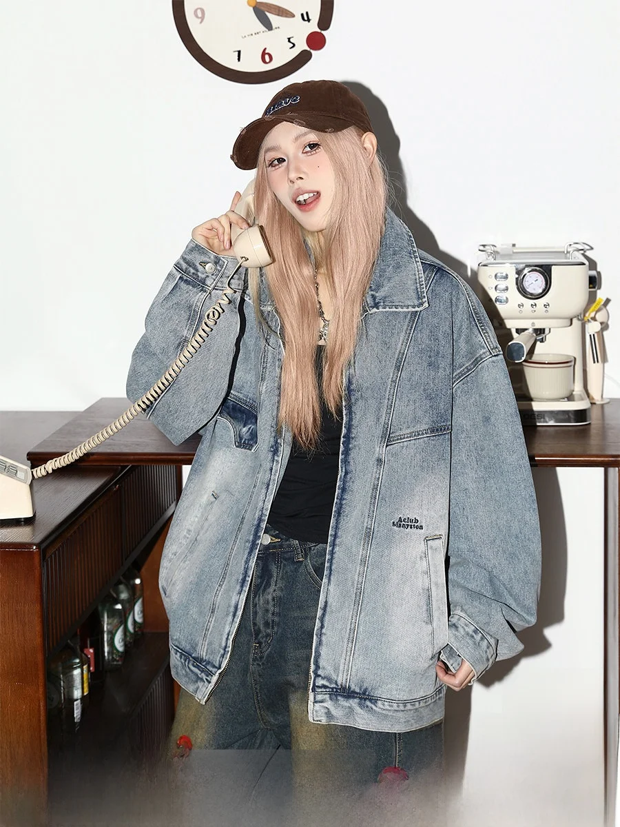 

Manyston American Sle Casual Denim Jaet Women's Loose Fit Cotton Blend Long Sve Button up Coat Autumn New Arrival
