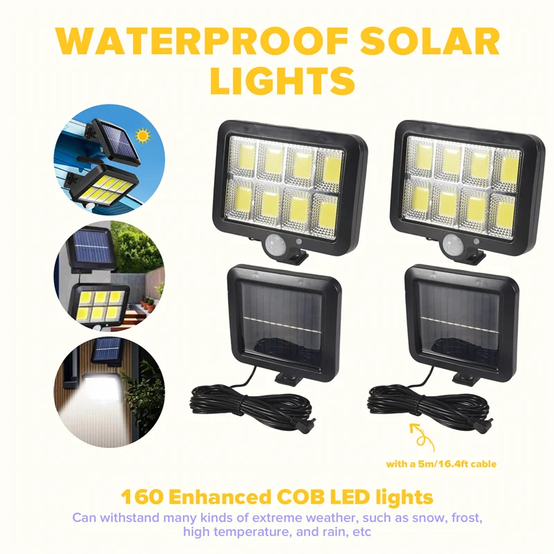 L72A-2Pc 2000 Lumen 160 Leds Solar Wall Lights IP65 Waterproof Wired Motion Sensor Security Flood Light 360 Degree Adjustable