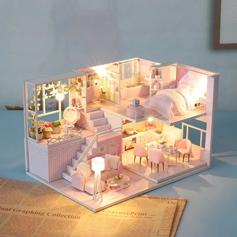 Case per bambole in legno fai-da-te kit da costruzione in miniatura principessa Casa con mobili Casa delle bambole a Led per regali di compleanno per ragazze