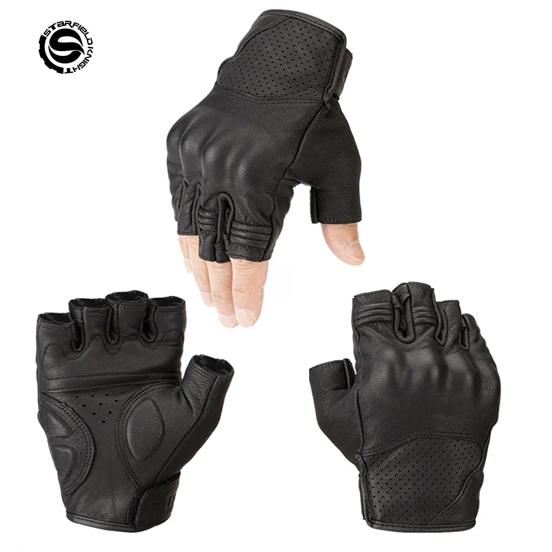 SFK Black Motorcycle Cycling Gloves Half Finger Real Goat Leather Anti-slip Wear-resistant Summer Breathable Race Riding Gears