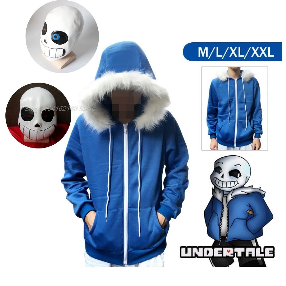 Undertale Sans Skeletons Cosplay Blue Hoodies Mask Bones Cos Blue Coat Halloween Cosplay Costume Unisex Cute Jacket Headgear