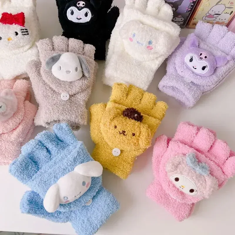 Sanrio Cinnamoroll Melody Kuromi Golves Women Kawaii Cartoon Warm Flap Open Half Finger Hello Kitty Y2k Knitted Coldproof Gloves