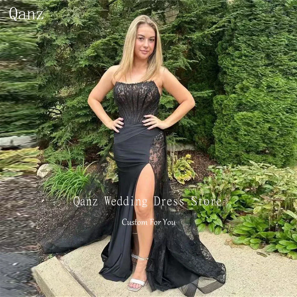 

Qanz Black Lace Evening Luxury Dress 2024 Sexy Mermaid High Slit Satin Strapless Formal Occasion Dresses Robe De Soiree Femmes