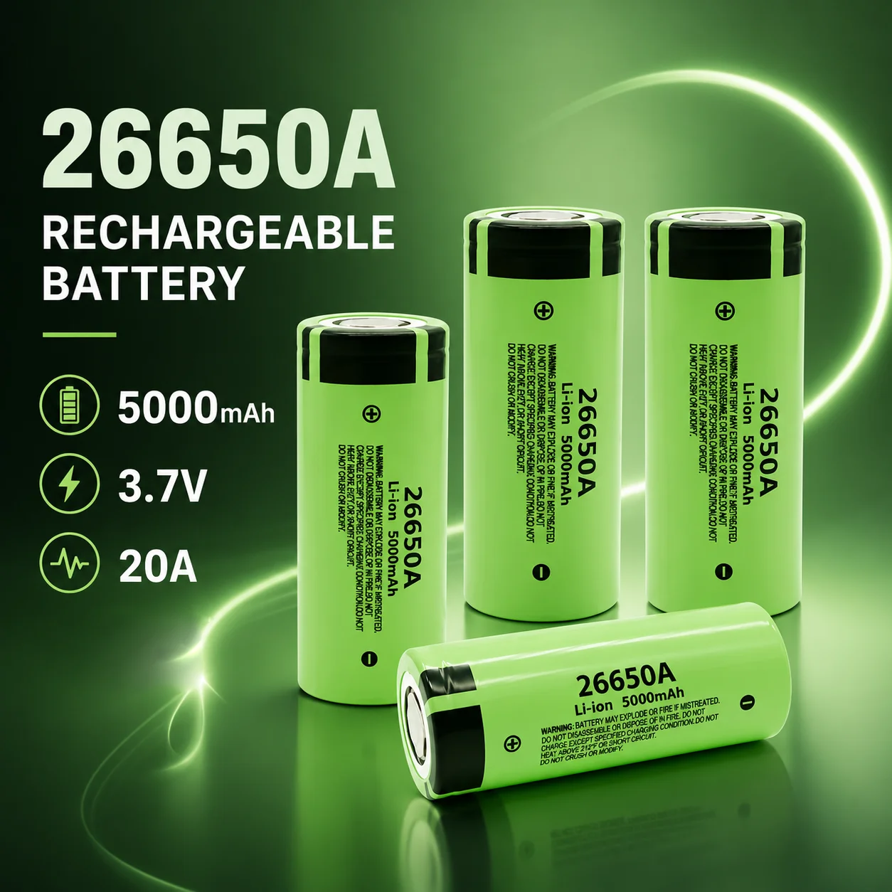 3.7V 5000mAh 26650A Battery 20A High Discharge Li-ion Rechargeable Large Capacity Battery for Flashlight & Toy