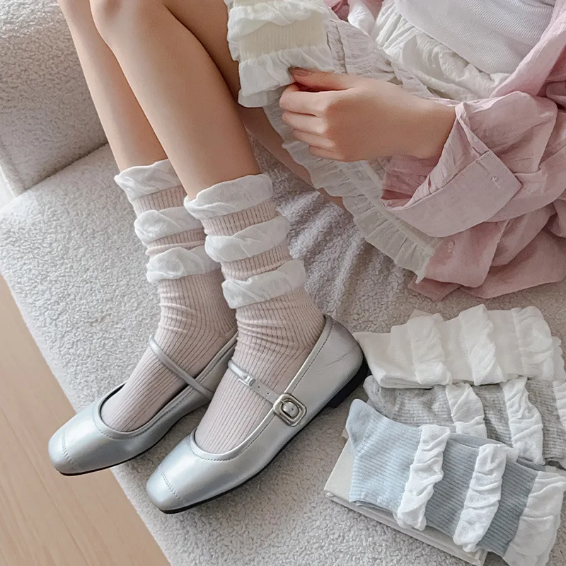 Girls Kawaii Ballet Socks Cream Color Bubble Ruffle Cuff Lace Trim Korean Sweet Style Stacked Sock Spring Fall Soft Cotton Sock