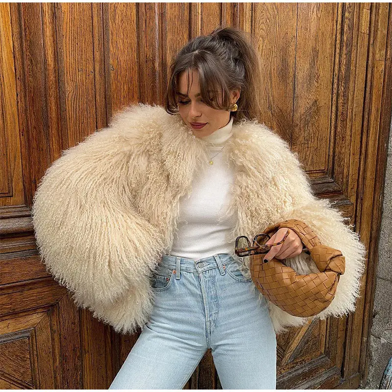 

Fashion Faux Mongolia Sheep Fur Coat Women 2025 Winter Fluffy Warm Fur Jacket Chic Street Girl Outerwear